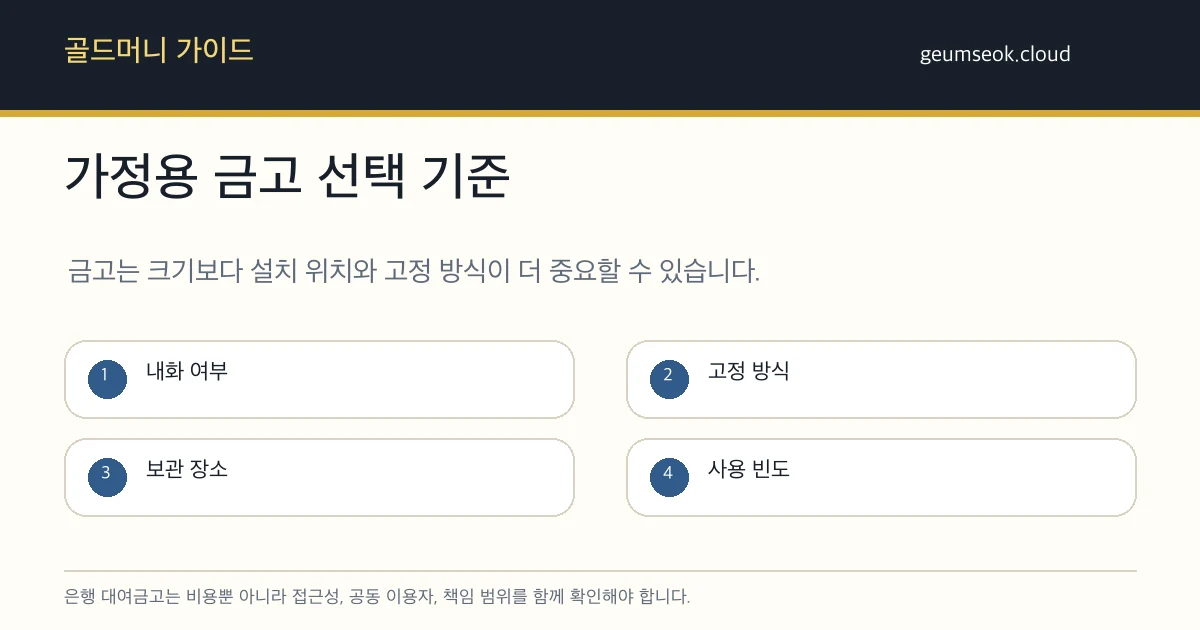 은행 대여금고 계약 전 비용, 이용 시간, 공동 이용자, 책임 범위를 비교하는 카드