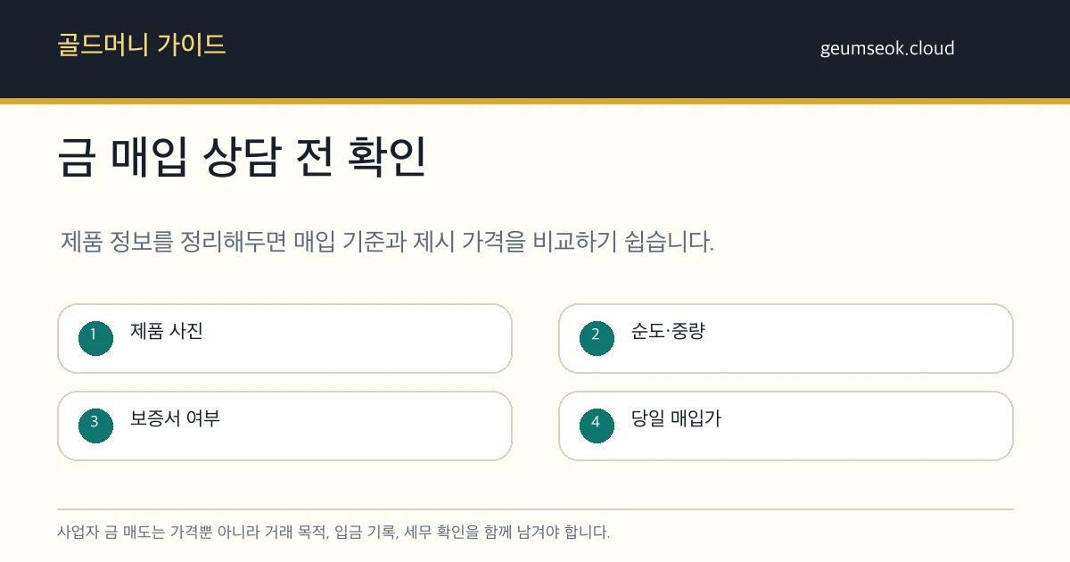 사업자가 금을 팔 때 거래 목적, 순도, 중량, 입금 계좌, 세무 확인을 기록하는 체크리스트