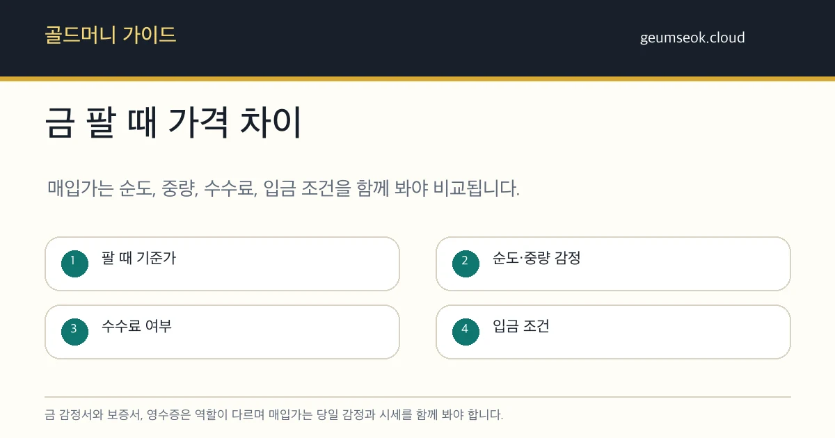 금 감정서, 보증서, 영수증의 역할과 매입 상담 전 확인 항목을 비교한 카드