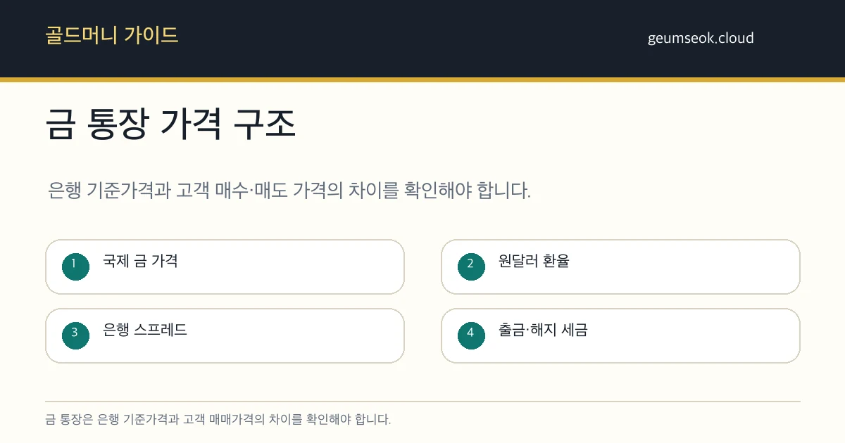 금 통장 가입 전 국제 금 가격, 환율, 은행 스프레드, 세금을 확인하는 구조도