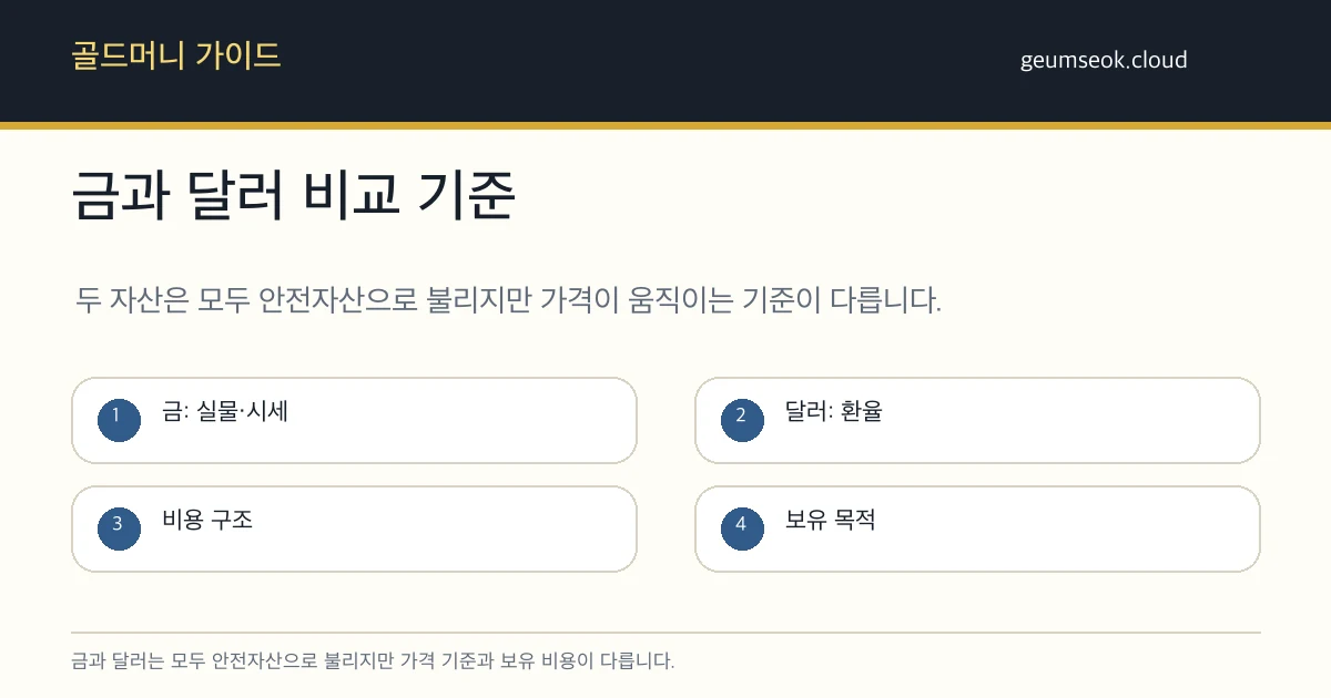 금과 달러를 실물 시세, 환율, 비용 구조, 보유 목적으로 비교한 카드